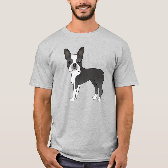 Black and White Boston Terrier Hund Illustration T Shirt (Framsida)