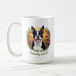 Black and White Boston Terrier i ett flowery fält Kaffemugg