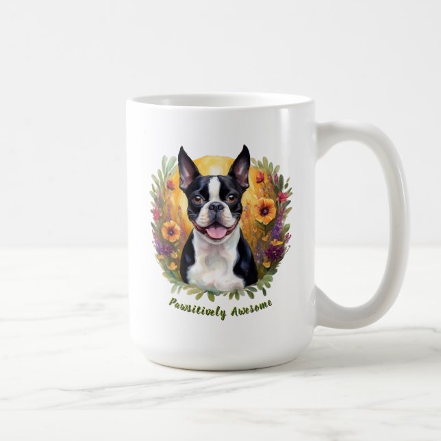 Black and White Boston Terrier i ett flowery fält Kaffemugg (Höger)