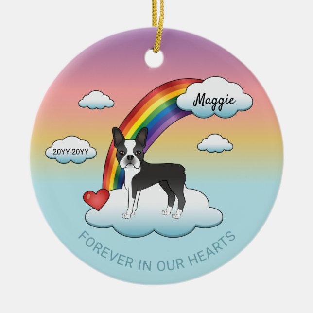 Black and White Boston Terrier Rainbow Memorial Julgransprydnad Keramik (Framsidan)