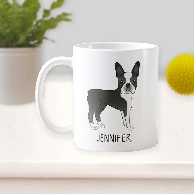 Black and White Boston Terrier Tecknad hund & Namn Kaffemugg (Skapare uppladdad)