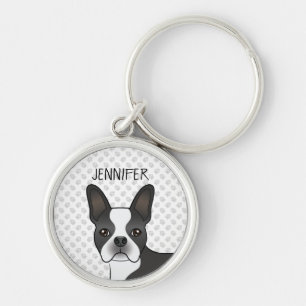 Black and White Boston Terrier Tecknad hund & Namn Rund Silverfärgad Nyckelring