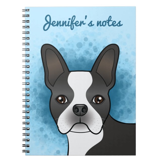 Black and White Boston Terrier Tecknad hund på Blu Anteckningsbok (Framsidan)