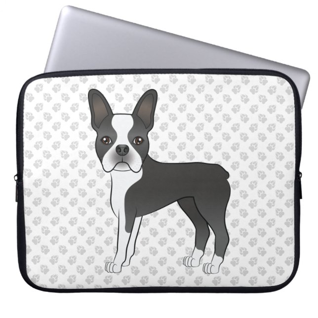Black and White Boston Terrier Tecknad hund & Tass Laptop Fodral (Framsidan)