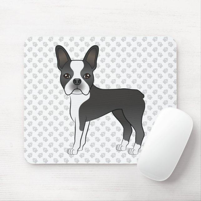 Black and White Boston Terrier Tecknad hund & Tass Musmatta (Med mus)