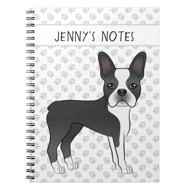 Black and White Boston Terrier Tecknad hund & Text Anteckningsbok (Framsidan)