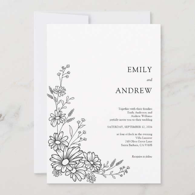 Black and White Botanical Daisy Garden Wedding Inbjudningar (Framsida)