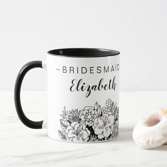 Black and White Bridesmaid Bouquet med Namn Mugg (Med munk)