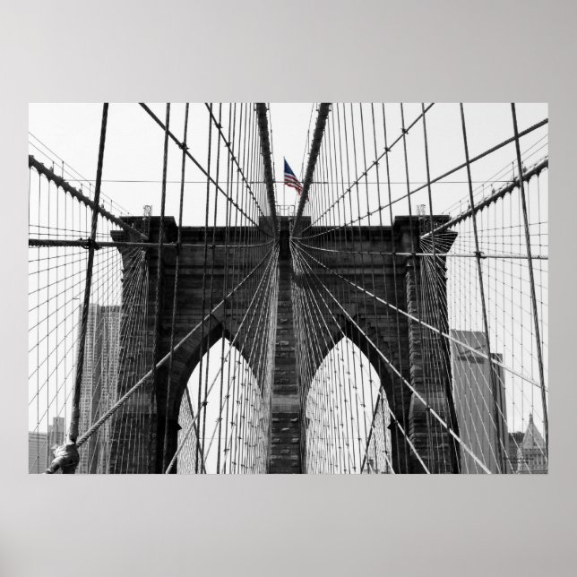 Black and White Brooklyn Bridge w/Färg Flagga Poster (Framsidan)