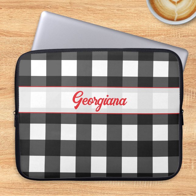 Black and White Buffalo Plaid Personalized Laptop Fodral (A black and white buffalo check laptop cover, with personalized name in red script typography)
