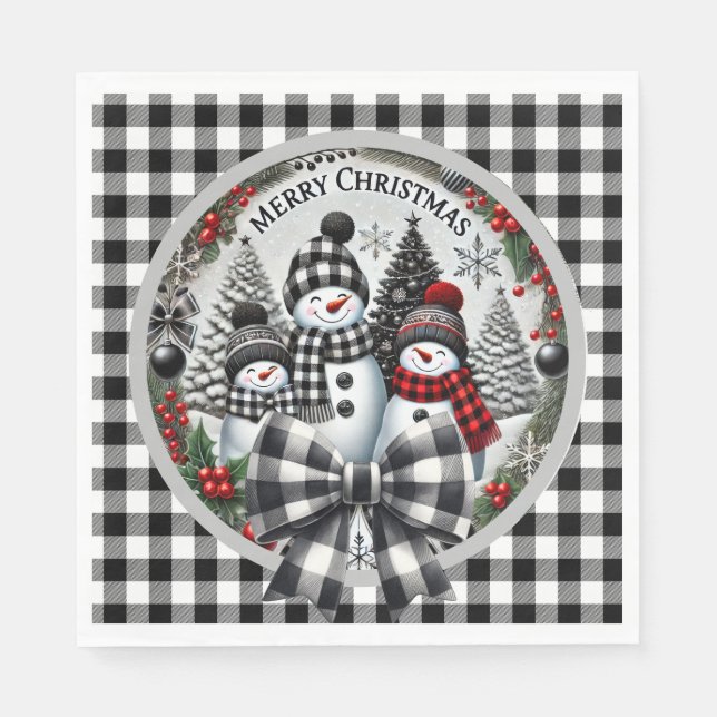 Black And White Buffalo Plaid Snowmen Paper Plate Pappersservett (Framsidan)
