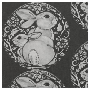 Black and White Bunny Rabbit Fabric Grått Medalli Tyg