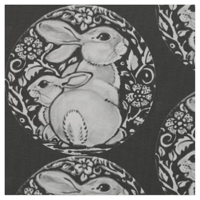 Black and White Bunny Rabbit Fabric Grått Medallio Tyg (Närbild)