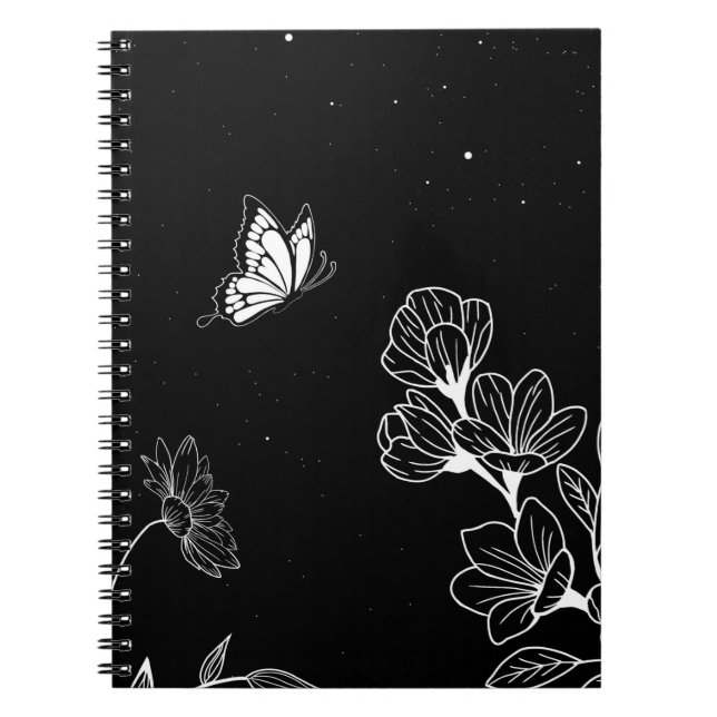 Black and White Butterfly and Flowers at Night Art Anteckningsbok (Framsidan)