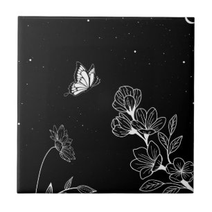 Black and White Butterfly and Flowers at Night Art Kakelplatta