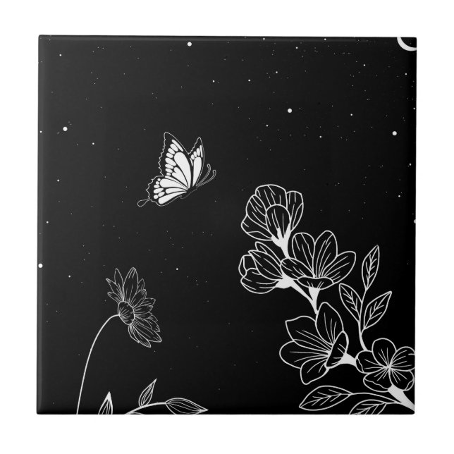 Black and White Butterfly and Flowers at Night Art Kakelplatta (Framsidan)