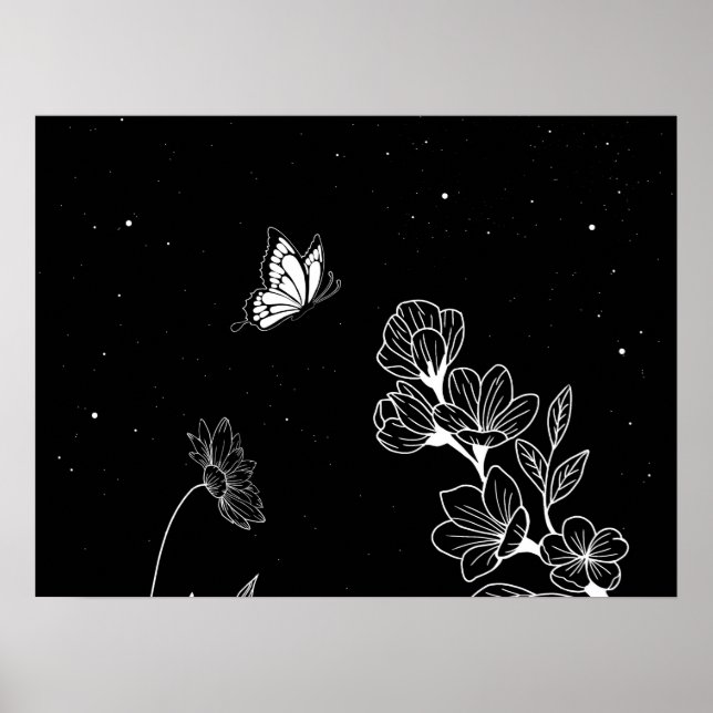 Black and White Butterfly and Flowers at Night Art Poster (Framsidan)