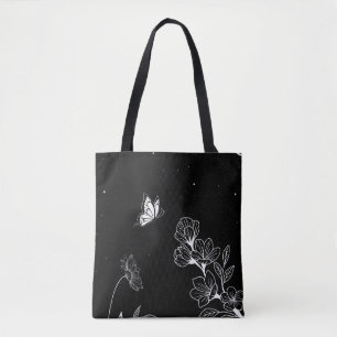 Black and White Butterfly and Flowers at Night Art Tygkasse