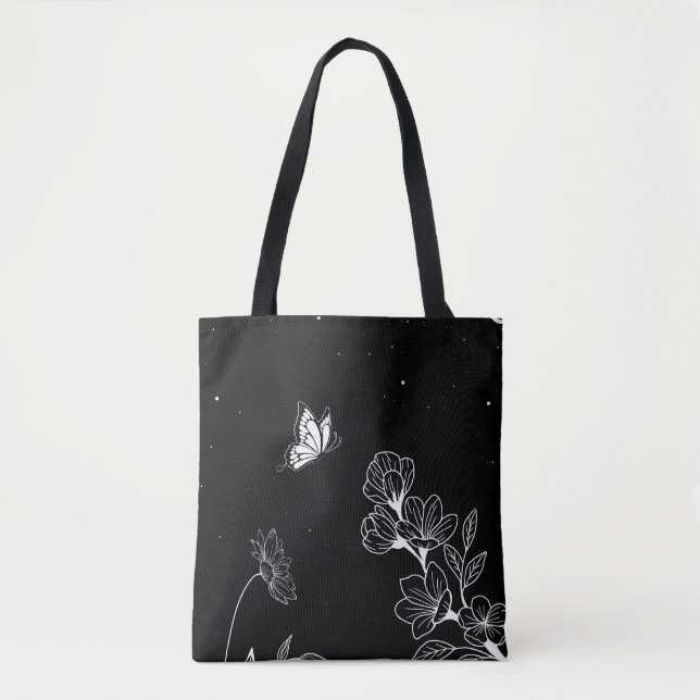 Black and White Butterfly and Flowers at Night Art Tygkasse (Framsida)