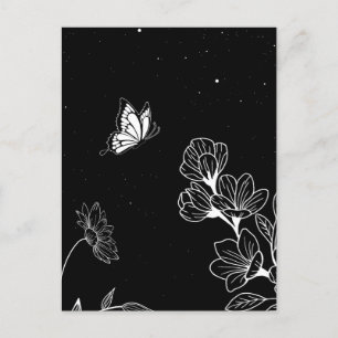 Black and White Butterfly and Flowers at Night Art Vykort