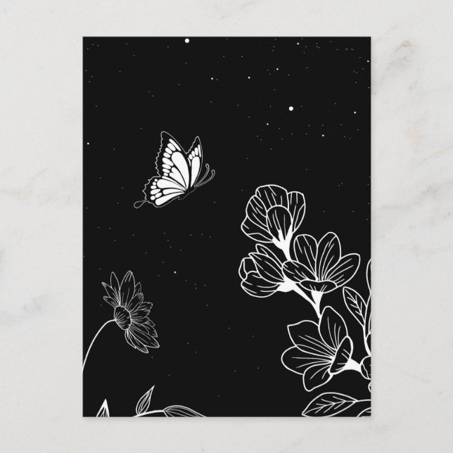 Black and White Butterfly and Flowers at Night Art Vykort (Framsida)
