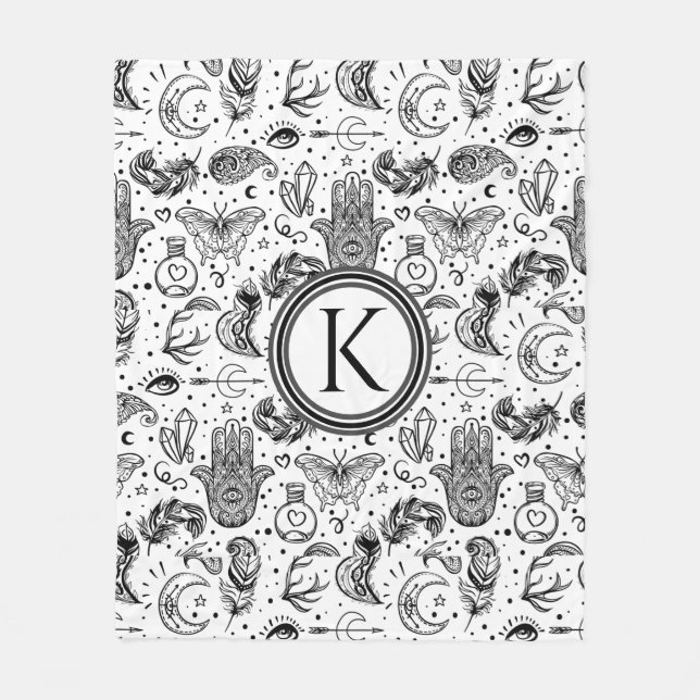 Black and White Butterfly Boho Inslag Monogram Fleecefilt (Framsidan)