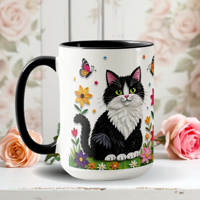 Black and White Cat, Flowers and Butterflies   Mugg (Skapare uppladdad)