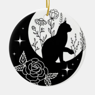 Black and White Cat Moon Window Suncatcher Julgransprydnad Keramik