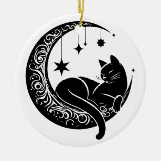 Black and White Cat Moon Window Suncatcher Julgransprydnad Keramik