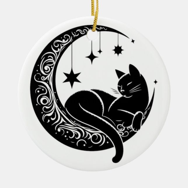 Black and White Cat Moon Window Suncatcher Julgransprydnad Keramik (Framsidan)