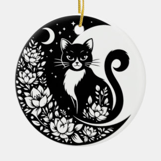 Black and White Cat Moon Window Suncatcher Julgransprydnad Keramik