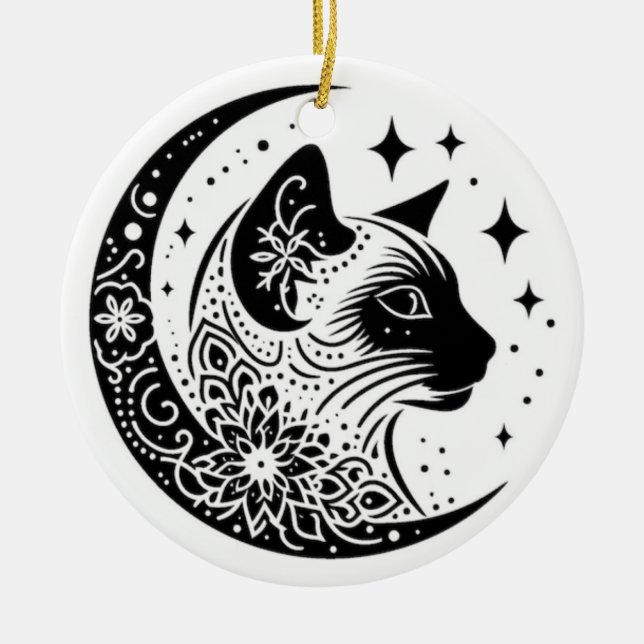 Black and White Cat Moon Window Suncatcher Julgransprydnad Keramik (Framsidan)