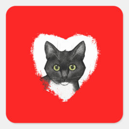 Black and White Cat Valentine Sticker Fyrkantigt Klistermärke