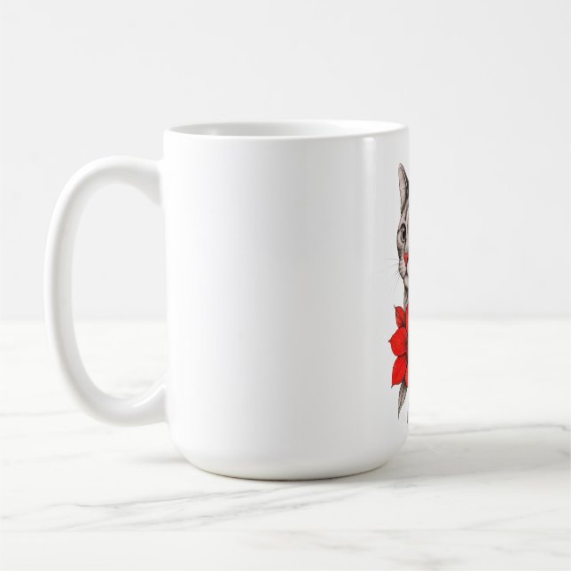 Black and White Cat with Bright Red Blooms Kaffemugg (Vänster)