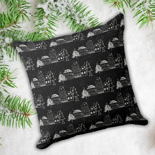 Black and White Chalk Snowy Town Kudde (Skapare uppladdad)