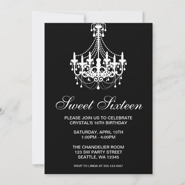 Black and White Chandelier Sweet sixteen Birthday Inbjudningar (Framsida)