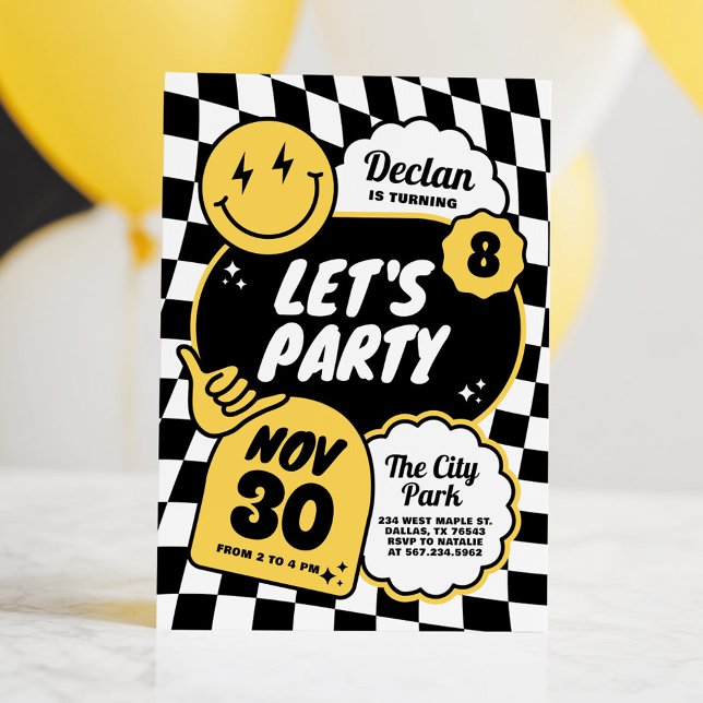 Black and White Checker Retro Smile Boy Birthday Inbjudningar (Skapare uppladdad)