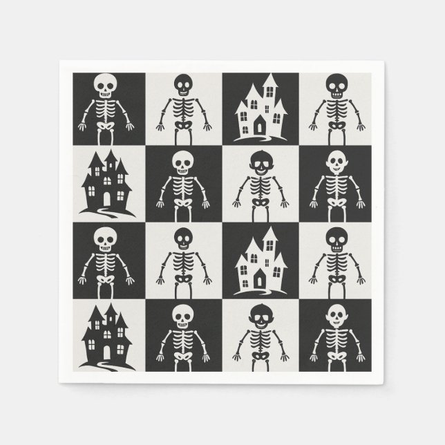 Black and White Checkerboard Halloween Pappersservett (Framsidan)