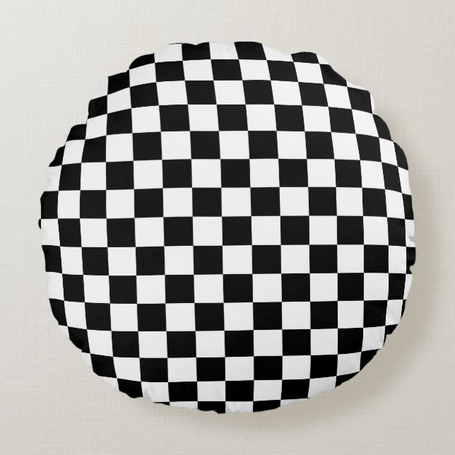 Black and white checkerboard pattern  rund kudde (Framsidan)