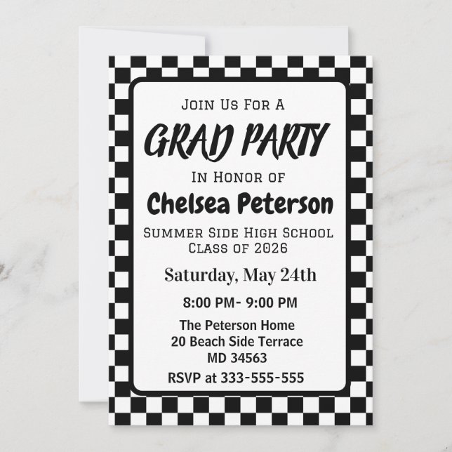Black and White Checkered Graduation Party Invite Julkort (Framsida)