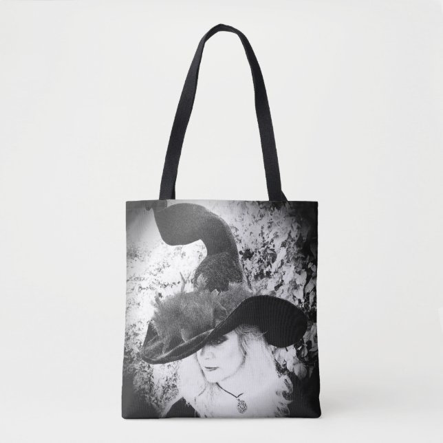 Black and White Cheeky Witch Wiccan Pagan Tote Bag Tygkasse (Framsida)