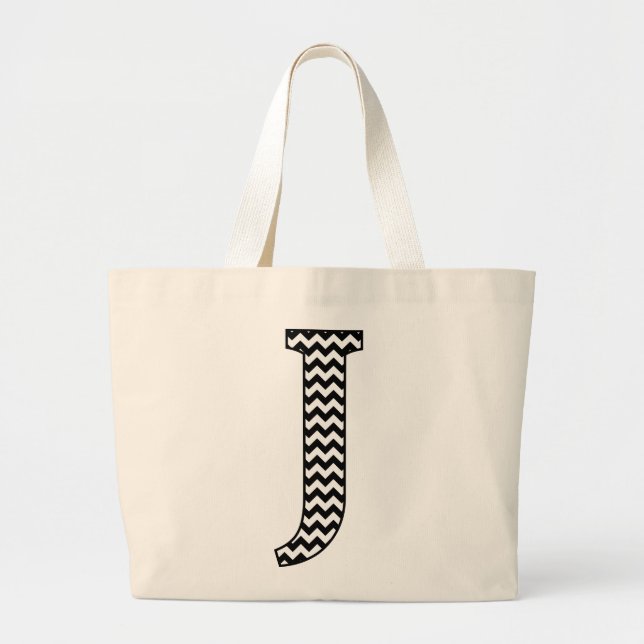 Black and White Chevron Brev J Monogram Jumbo Tygkasse (Framsidan)