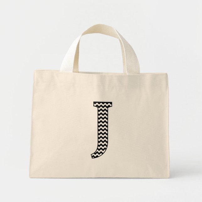 Black and White Chevron Brev J Monogram Mini Tygkasse (Framsidan)
