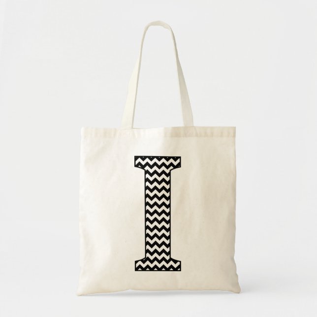 Black and White Chevron "I" Monogram Tote Bag. Tygkasse (Framsidan)