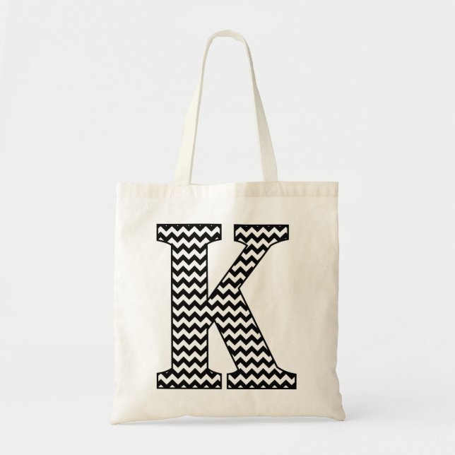 Black and White Chevron "K" Monogram Tote Bag. Tygkasse (Framsidan)