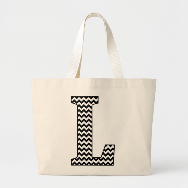 Black and White Chevron "L" Monogram Tote Bag. Jumbo Tygkasse (Framsidan)