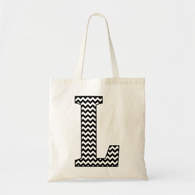 Black and White Chevron "L" Monogram Tote Bag. Tygkasse (Framsidan)