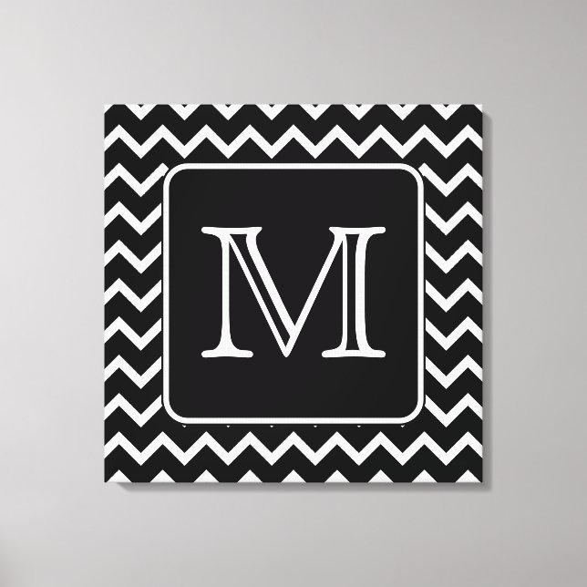 Black and White Chevron med Anpassningsbar Monogra Canvastryck (Framsida)
