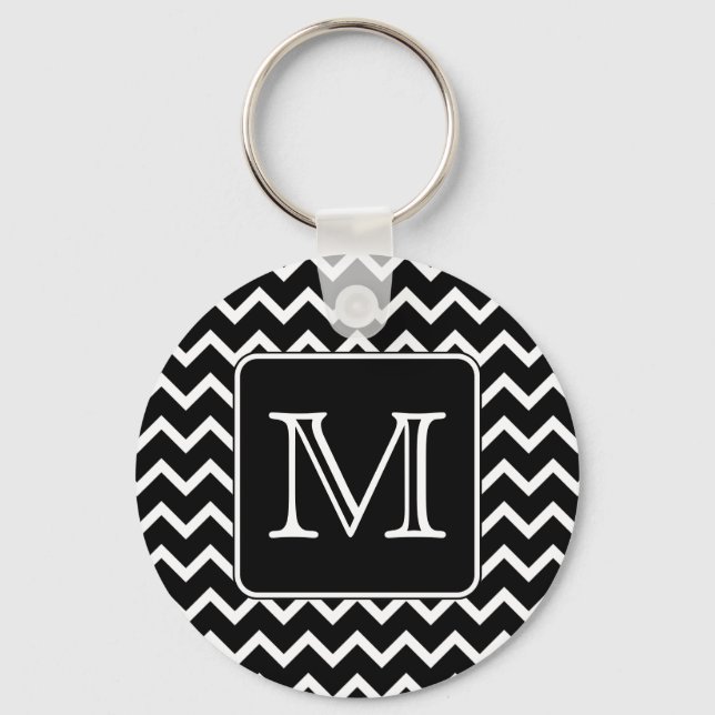 Black and White Chevron med Anpassningsbar Monogra Nyckelring (Framsida)