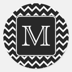 Black and White Chevron med Anpassningsbar Monogra Runt Klistermärke